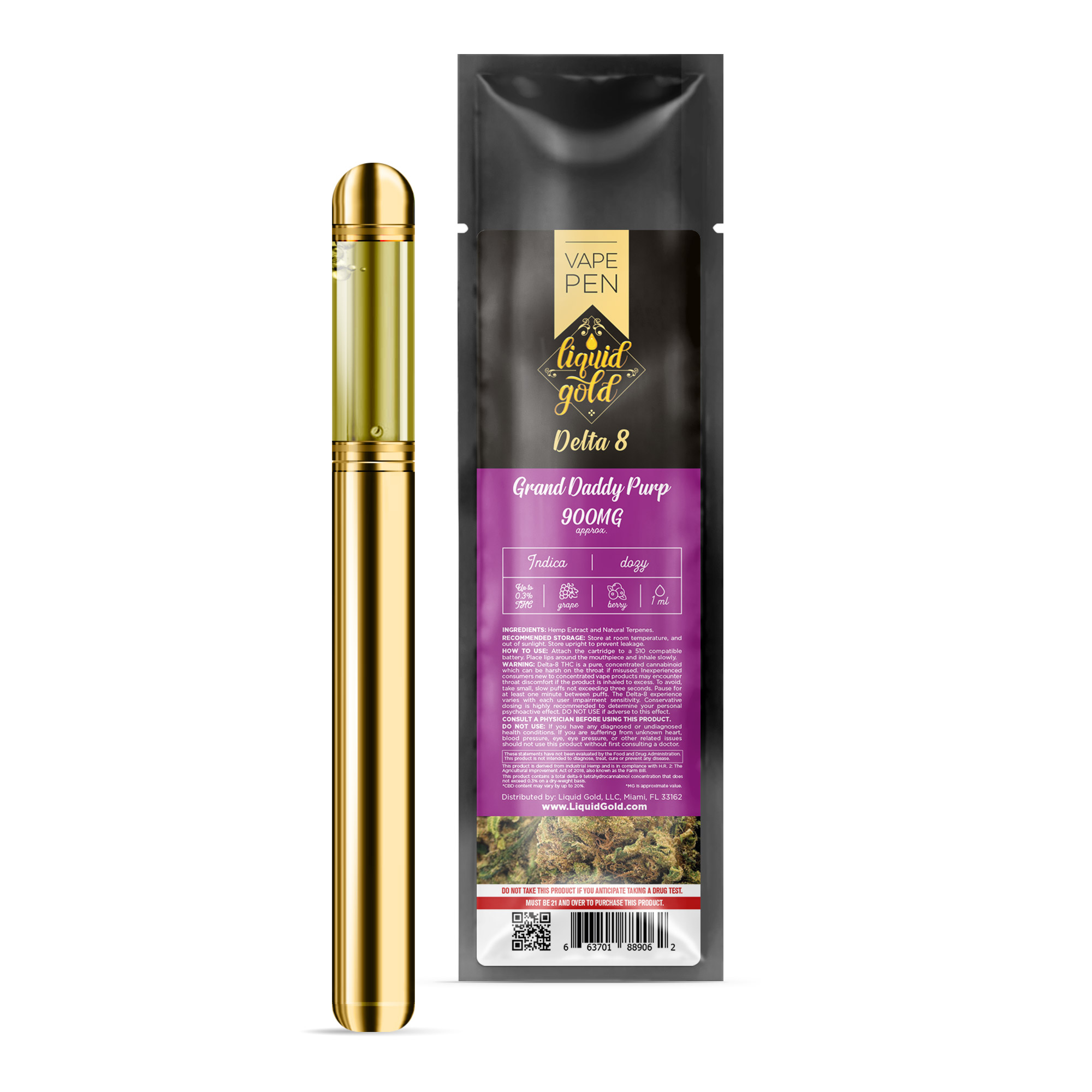 Liquid Gold Delta-8 Vape Pen - Grand Daddy Purp - 900mg - Diamond CBD